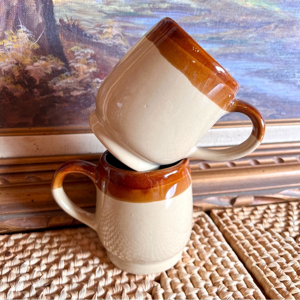 Vintage Set Of Two Tri Dipped Brown Glazed Stoneware Mugs